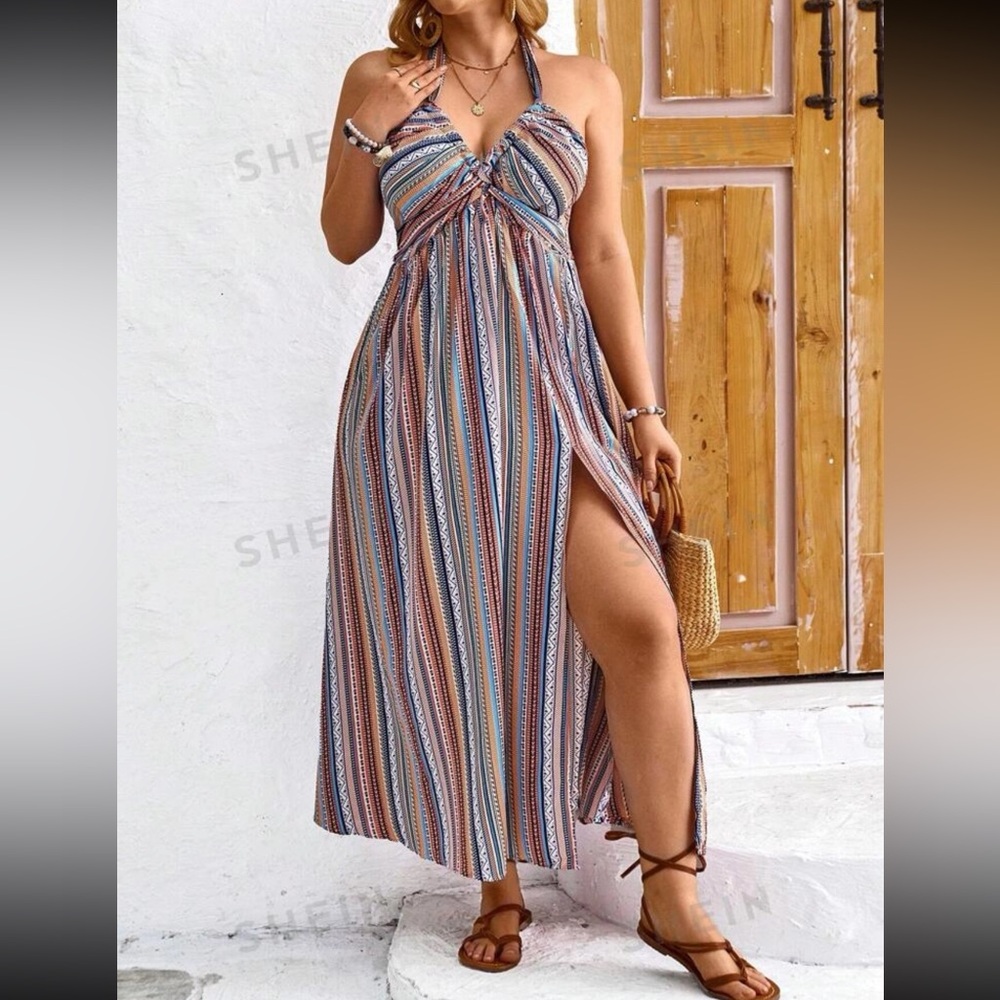NWOT SHEIN VCAY Plus Size Vintage Printed Halterneck Long Dress High Side Slit